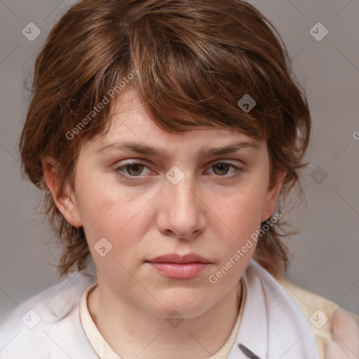 Neutral white young-adult female with medium  brown hair and blue eyes