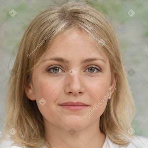 Joyful white young-adult female with medium  brown hair and green eyes