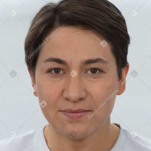 Joyful white adult female with short  brown hair and brown eyes