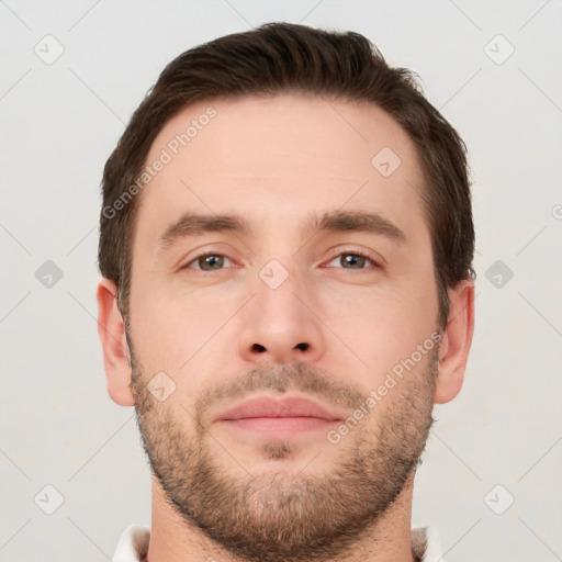 Neutral white young-adult male with short  brown hair and brown eyes