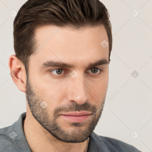 Neutral white young-adult male with short  brown hair and brown eyes