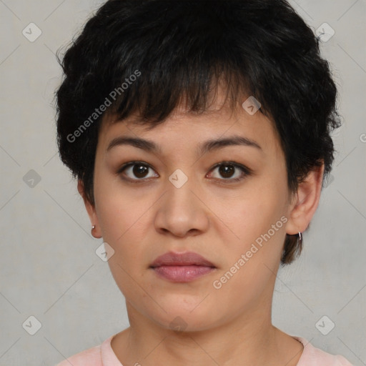 Neutral asian young-adult female with short  brown hair and brown eyes