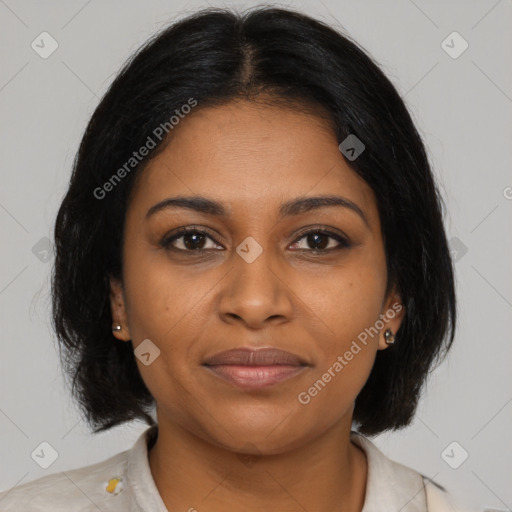 Joyful black young-adult female with medium  brown hair and brown eyes