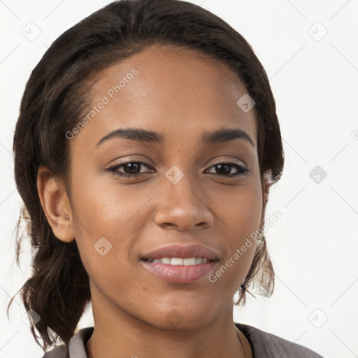 Joyful white young-adult female with medium  brown hair and brown eyes