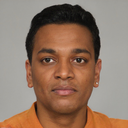 Neutral black young-adult male with short  black hair and brown eyes