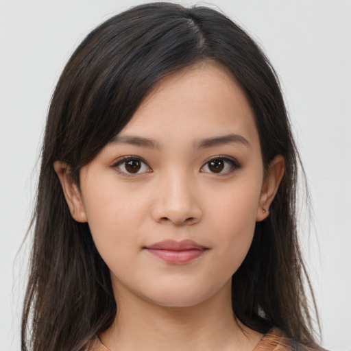 Neutral asian young-adult female with long  brown hair and brown eyes