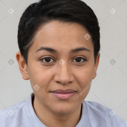 Joyful latino young-adult female with short  brown hair and brown eyes