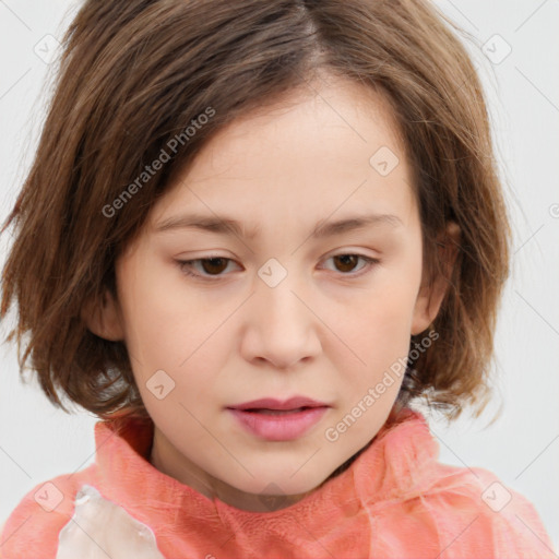 Joyful white child female with medium  brown hair and brown eyes