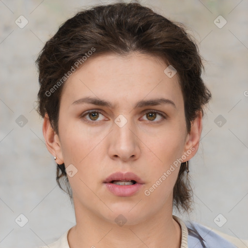 Neutral white young-adult female with short  brown hair and brown eyes