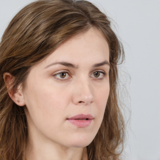 Neutral white young-adult female with long  brown hair and grey eyes