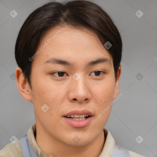Joyful asian young-adult female with short  brown hair and brown eyes