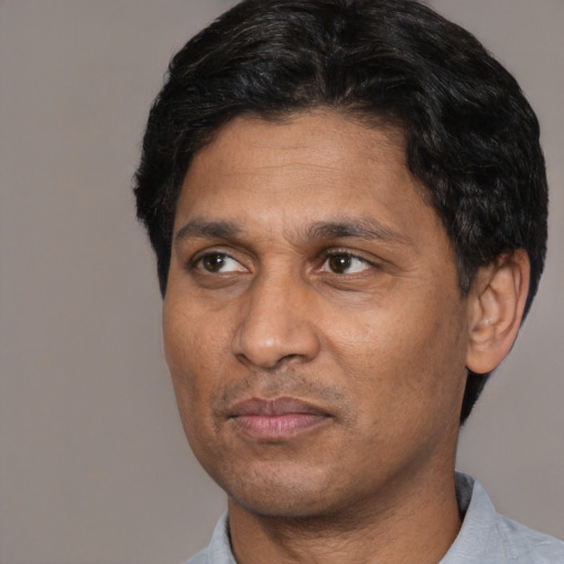 Joyful white adult male with short  black hair and brown eyes