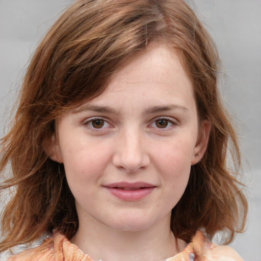 Joyful white child female with medium  brown hair and blue eyes