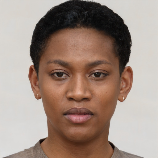 Neutral black young-adult female with short  black hair and brown eyes