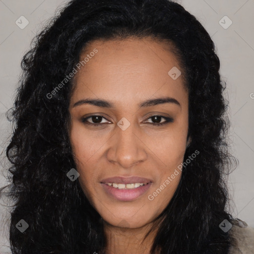 Joyful latino young-adult female with long  black hair and brown eyes