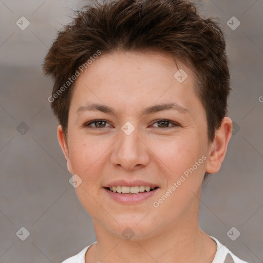 Joyful white young-adult female with short  brown hair and brown eyes