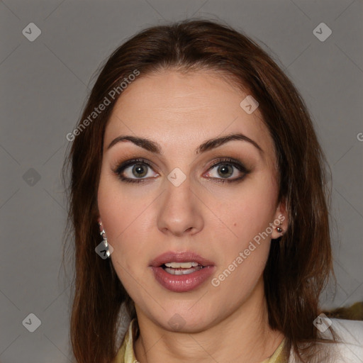 Neutral white young-adult female with medium  brown hair and brown eyes