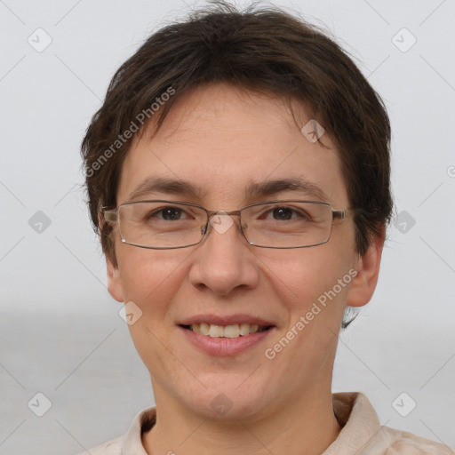 Joyful white adult female with short  brown hair and brown eyes