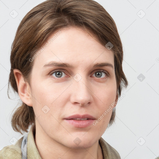 Neutral white young-adult female with medium  brown hair and grey eyes