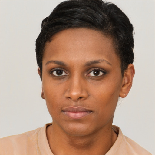 Neutral latino young-adult female with short  black hair and brown eyes