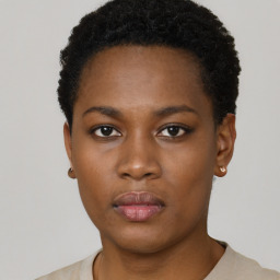 Neutral black young-adult female with short  black hair and brown eyes