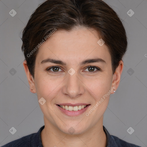 Joyful white young-adult female with medium  brown hair and brown eyes