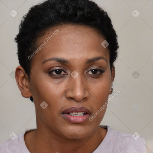 Joyful black young-adult female with short  brown hair and brown eyes