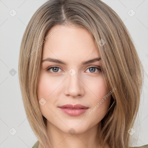 Neutral white young-adult female with long  brown hair and brown eyes