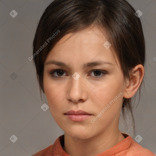 Neutral white young-adult female with medium  brown hair and brown eyes