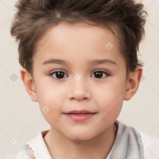 Joyful white child female with short  brown hair and brown eyes