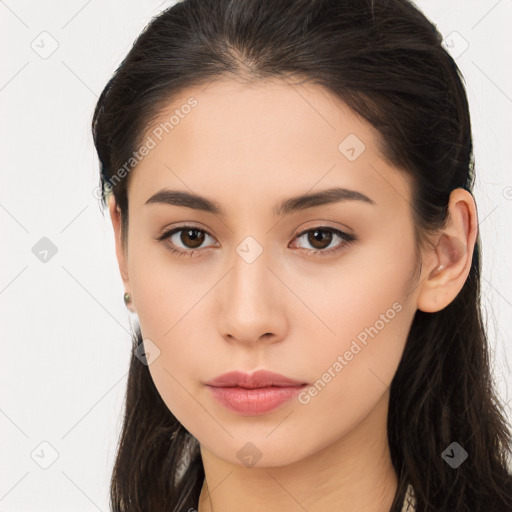 Neutral white young-adult female with long  brown hair and brown eyes