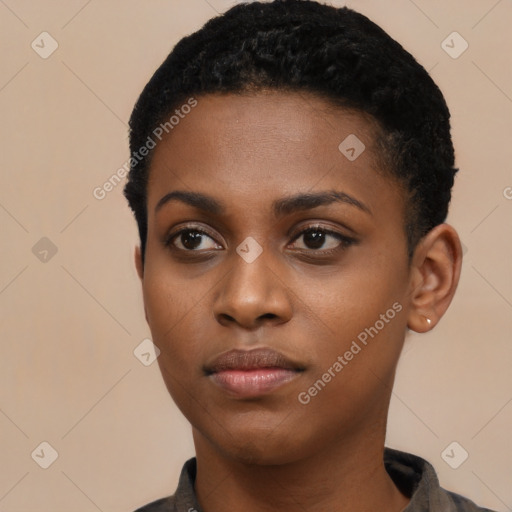 Neutral black young-adult female with short  black hair and brown eyes