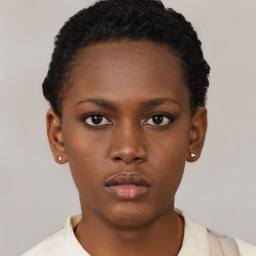 Neutral black young-adult female with short  black hair and brown eyes