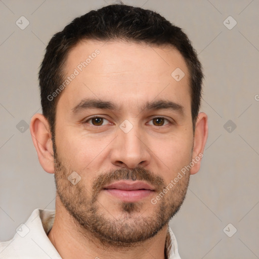 Joyful white young-adult male with short  brown hair and brown eyes