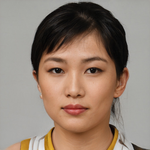 Neutral asian young-adult female with short  black hair and brown eyes