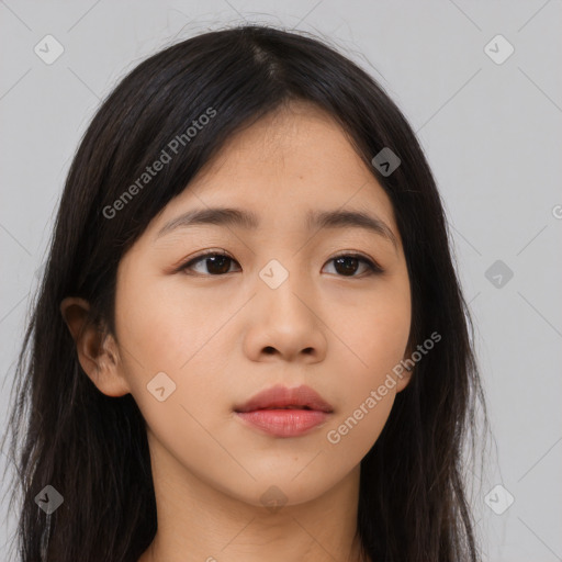 Neutral asian young-adult female with long  brown hair and brown eyes