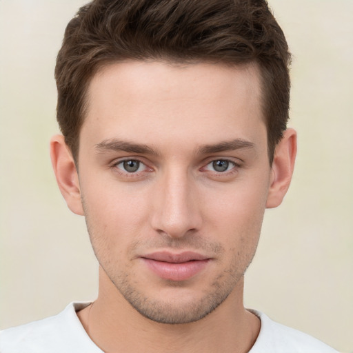 Neutral white young-adult male with short  brown hair and brown eyes