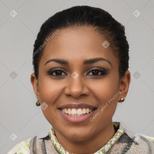 Joyful latino young-adult female with short  brown hair and brown eyes