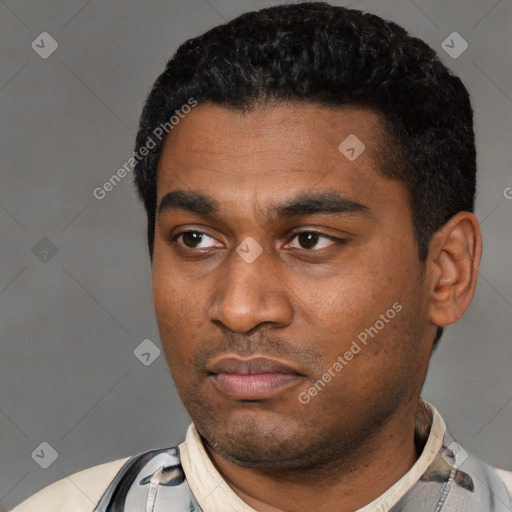 Neutral latino young-adult male with short  black hair and brown eyes