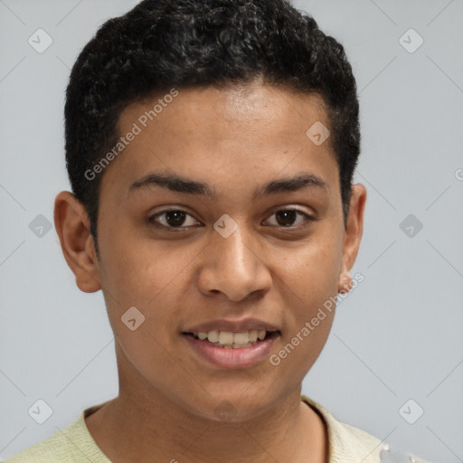 Joyful latino young-adult male with short  brown hair and brown eyes