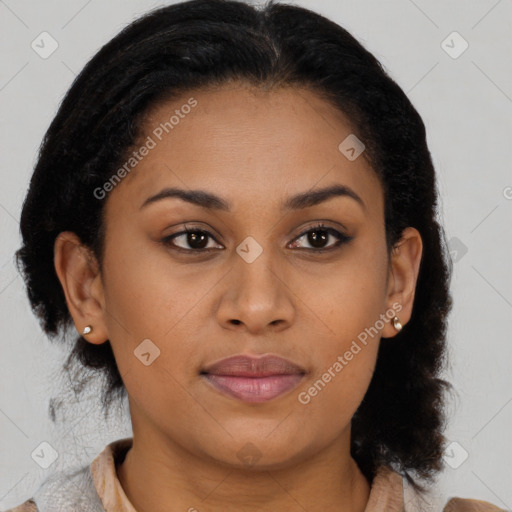 Joyful latino young-adult female with medium  brown hair and brown eyes