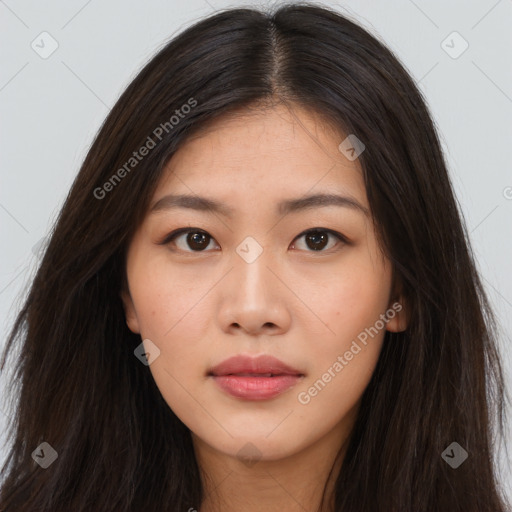 Neutral asian young-adult female with long  brown hair and brown eyes