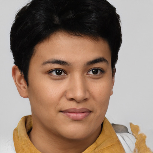 Joyful asian young-adult female with short  brown hair and brown eyes