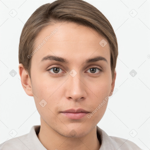 Neutral white young-adult male with short  brown hair and brown eyes