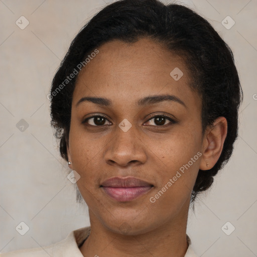 Joyful latino young-adult female with short  black hair and brown eyes