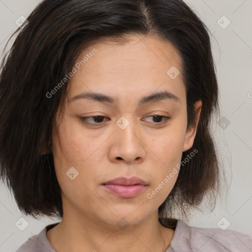 Neutral white young-adult female with medium  brown hair and brown eyes