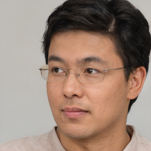 Neutral asian adult male with short  brown hair and brown eyes