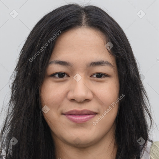 Joyful asian young-adult female with long  brown hair and brown eyes