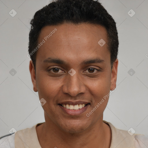 Joyful latino young-adult male with short  black hair and brown eyes