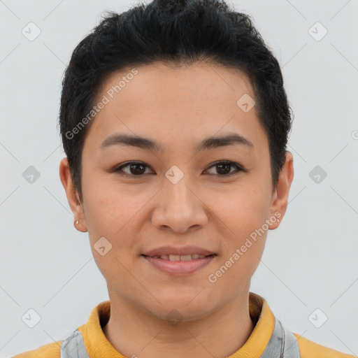 Joyful asian young-adult female with short  brown hair and brown eyes